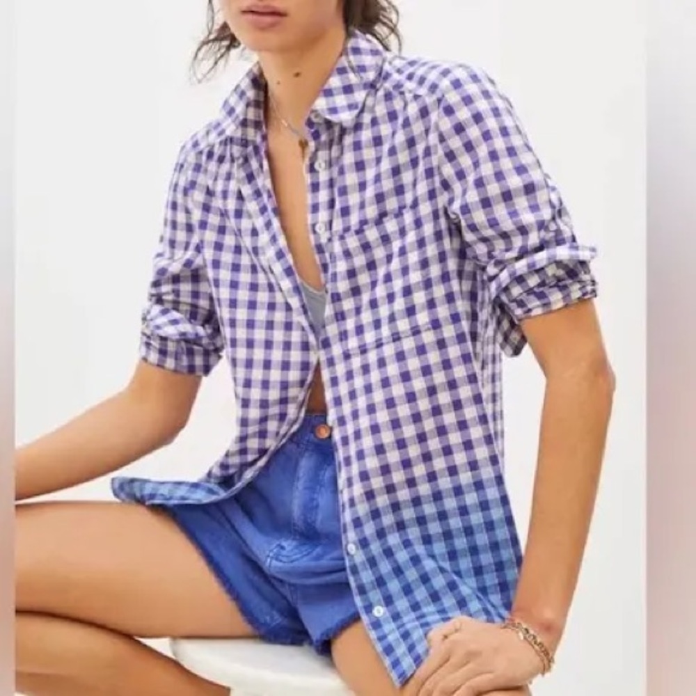 Anthropologie Pilcro plaid button-down shirt featuring a purple and white xs